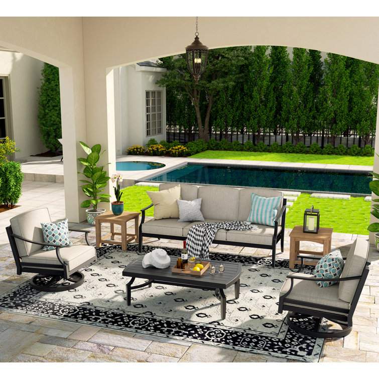 Canora Grey 4 Pieces Outdoor indoor Aluminum Patio Swivel Conversation Seating Group With Sunbrella Cushions And Coffee Table For 5 Person Wayfair